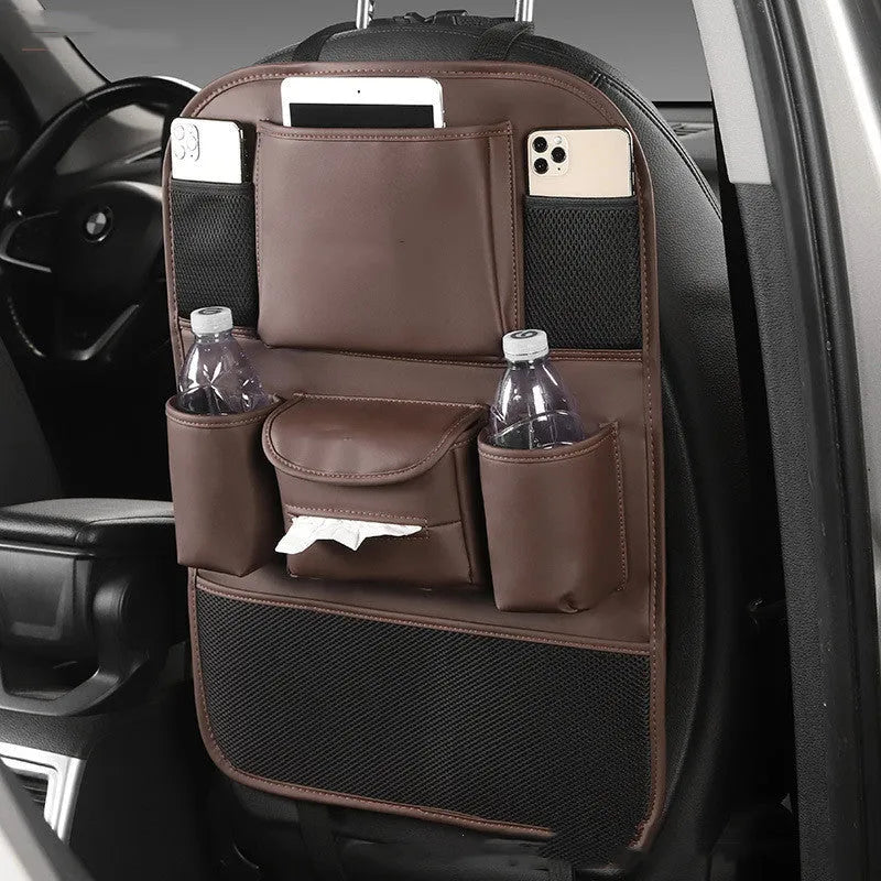 Leather car seat back storage bag hanging from a headrest, shown in grey colour.