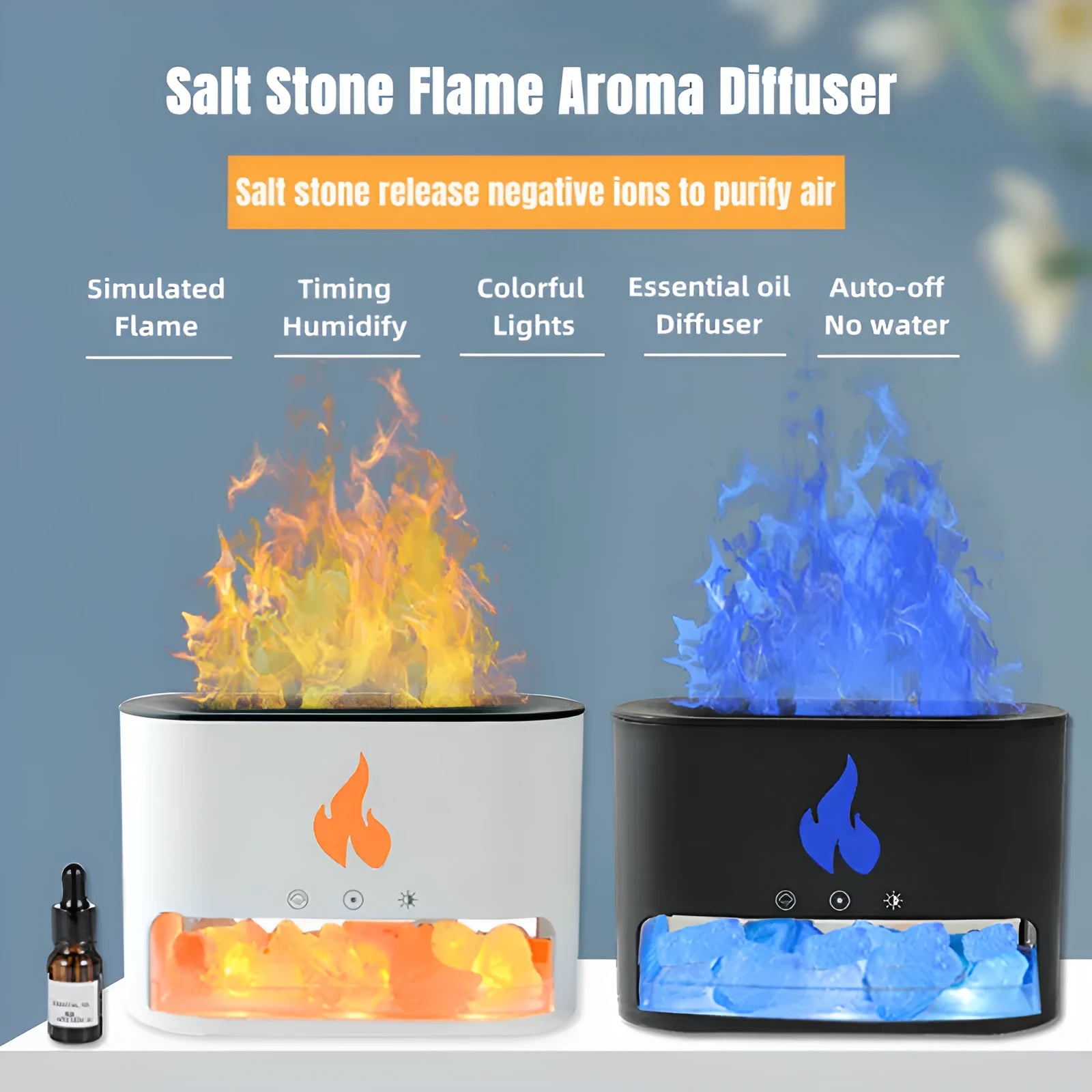 Square white flame humidifier on a desk showing a colourful 3D flame projection and a crystal salt stone.