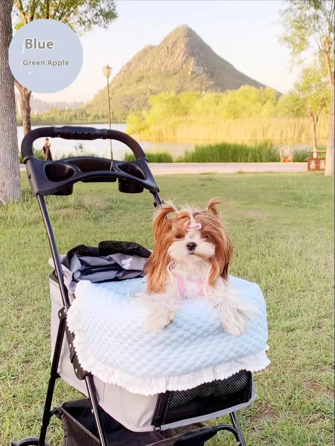Removable washable pet stroller pad set showing towel, cushion, and pillow in a floral pattern.