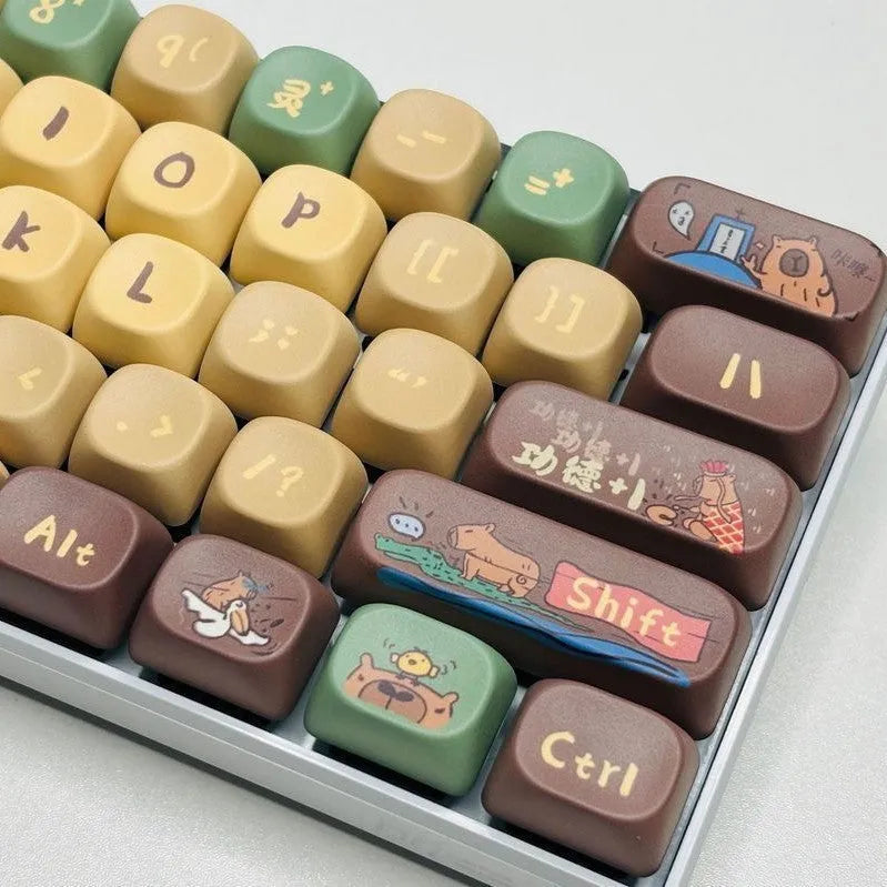 Capabala 130-key PBT mechanical keyboard keycap set with anime-themed designs scattered on a desk.