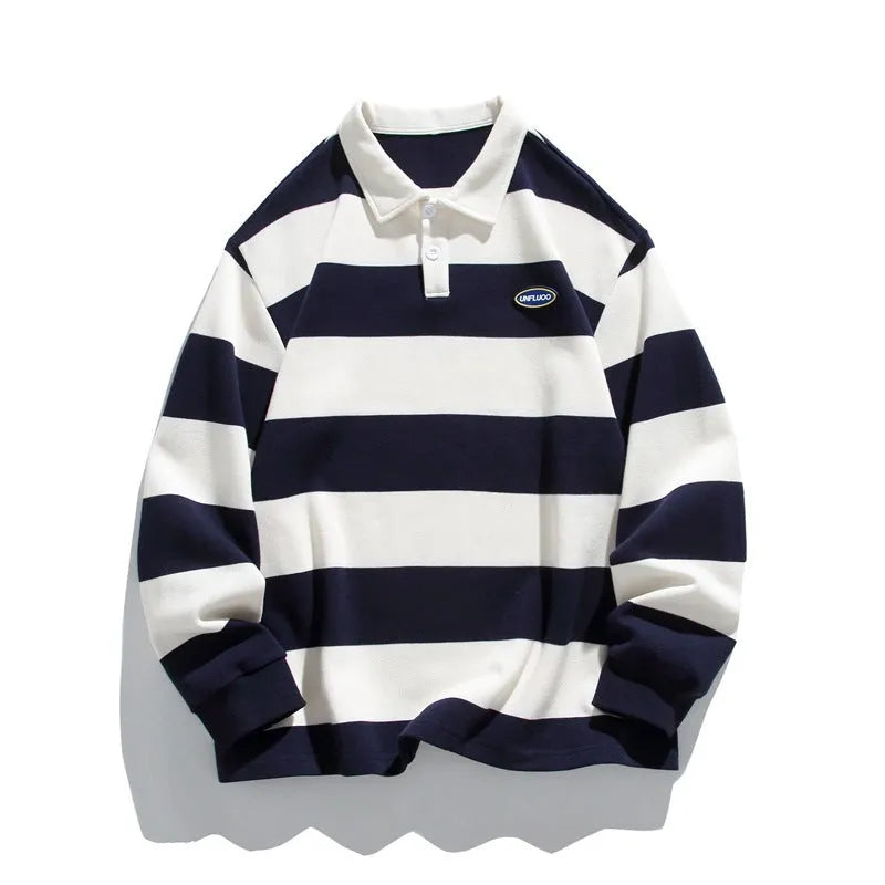 Hong Kong style striped lapel polo shirt in pearl cotton, shown in sapphire blue colour.