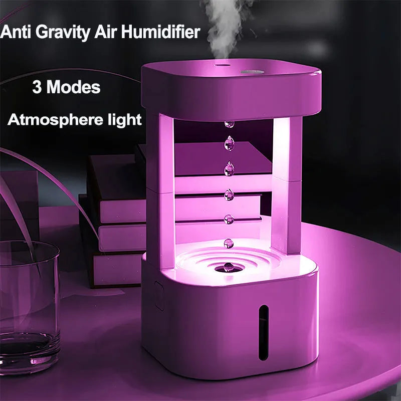 White portable humidifier with anti-gravity water droplet illusion and 580ml transparent tank