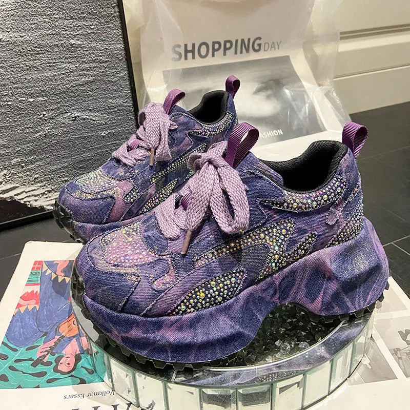Blue white gradient denim high top platform sneakers with rhinestone embellishment, lace-up front, thick rubber sole