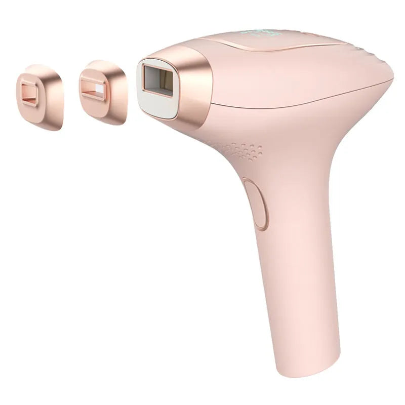 Pink and white three-in-one ice-sensing laser hair removal device with shaver attachment and safety glasses