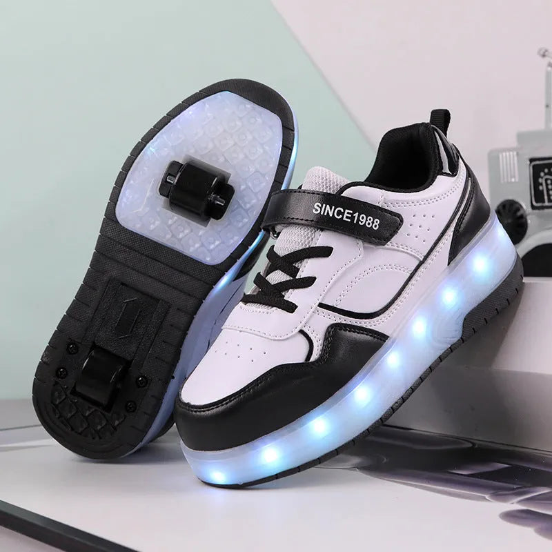 Boys and girls charging flash roller skates with LED lights in multiple colours and wheel configurations
