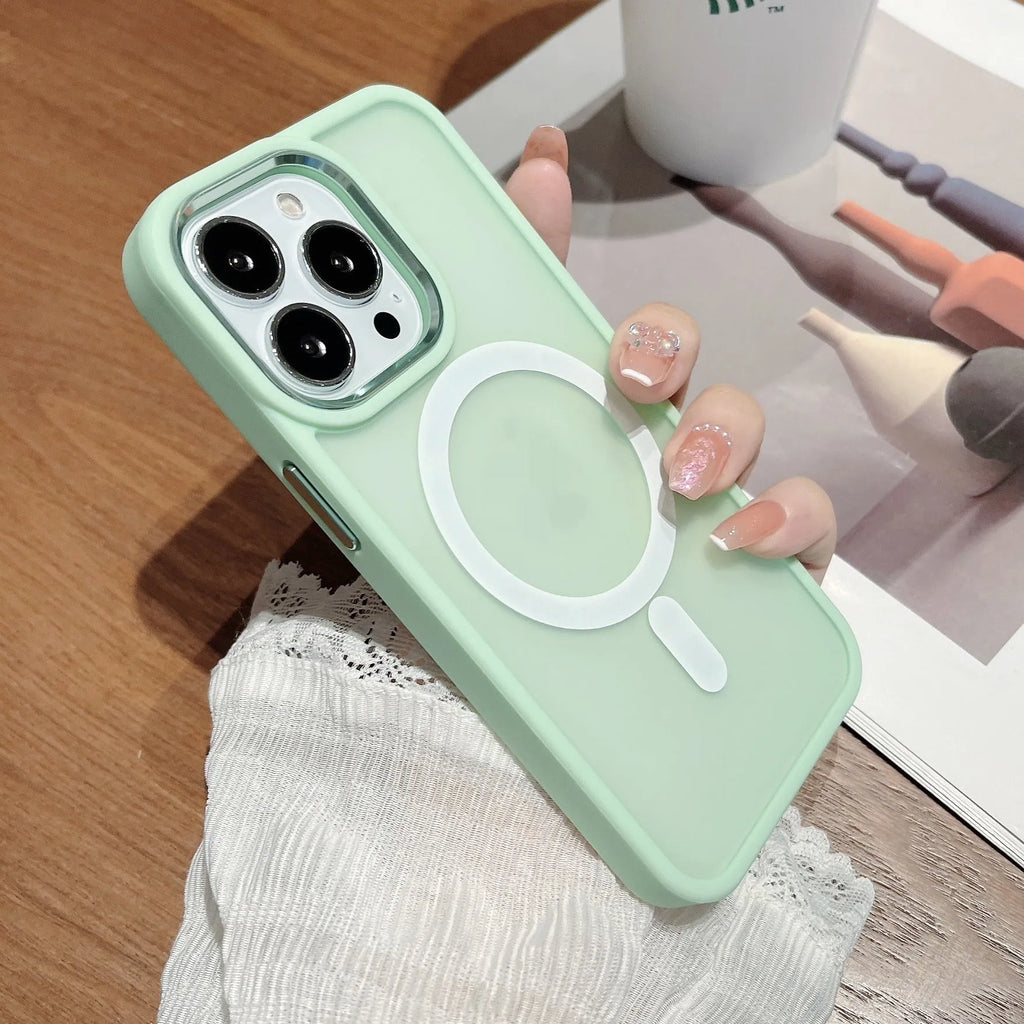 Magnetic matte frosted PC phone case for iPhone 15 Pro Max in black colour with back magnetic ring visible