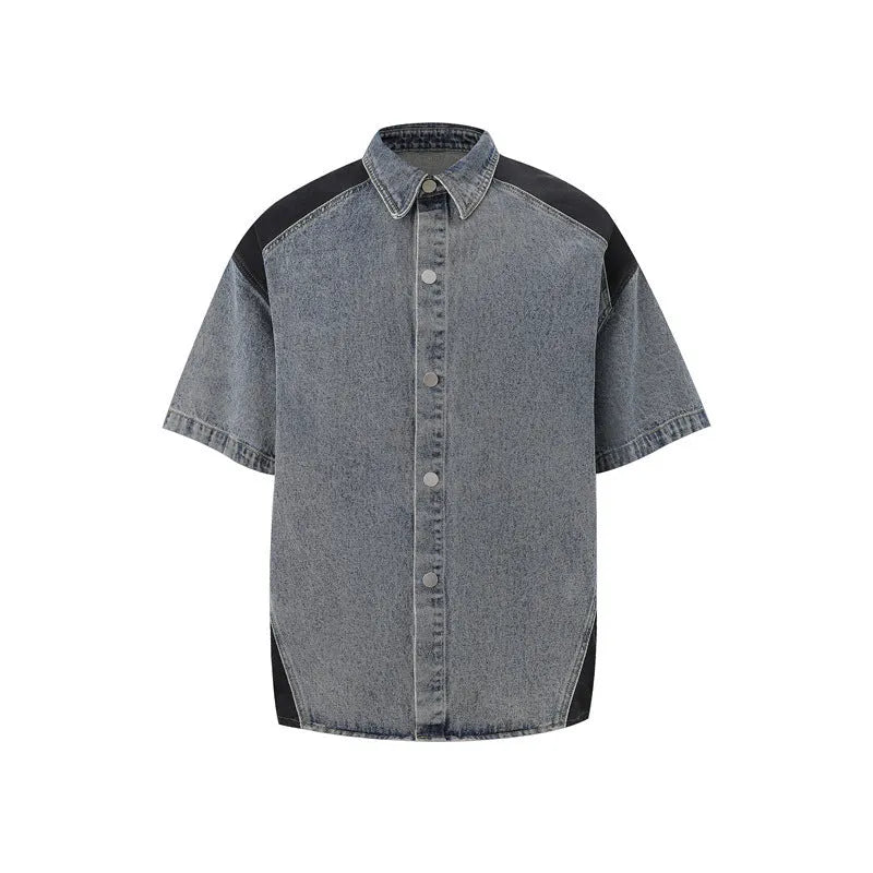 Retro washed denim short-sleeve suit jacket and matching trousers in blue, laid flat.
