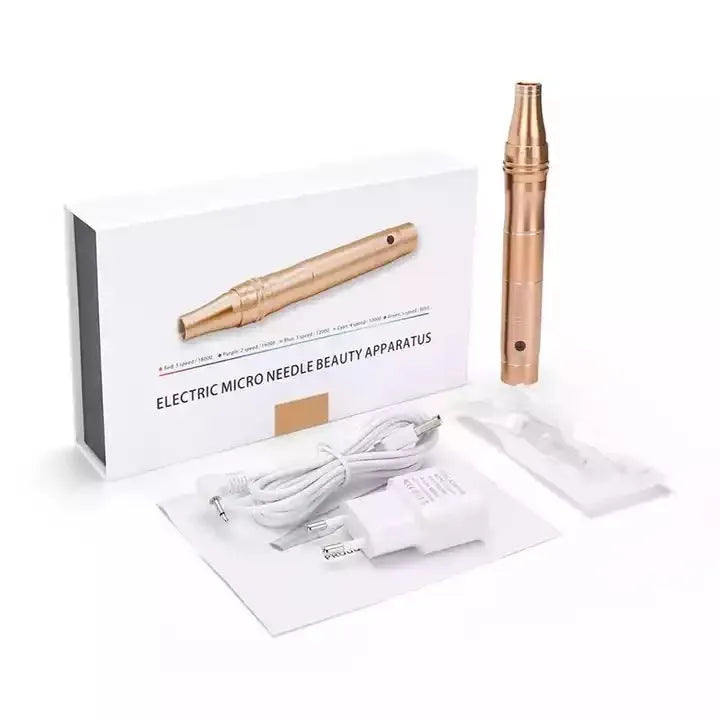 Rose gold IPL hair removal and microneedle beauty device with USB cable and interchangeable plugs