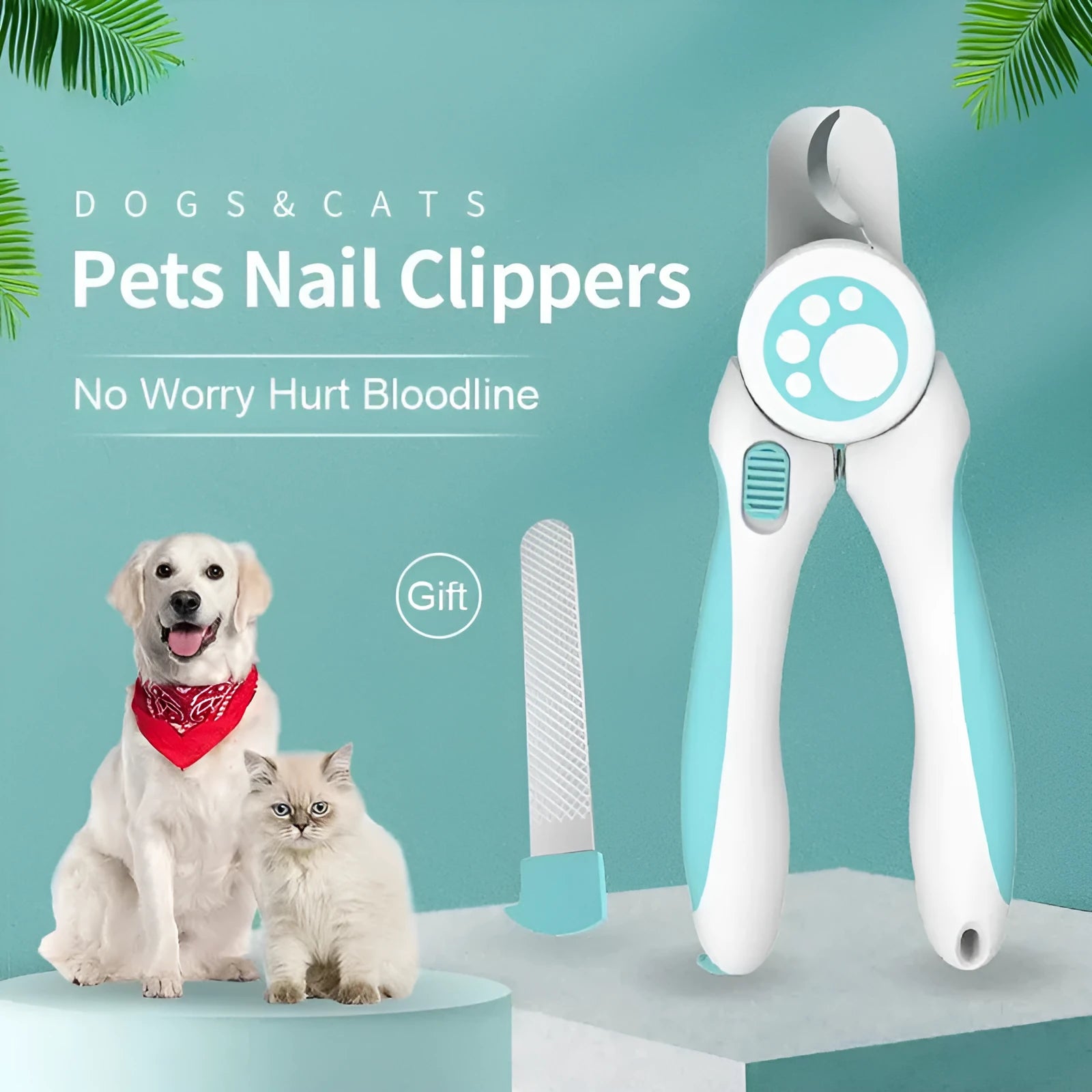 Blue and white pet nail clippers with ergonomic handle and safety stop mechanism