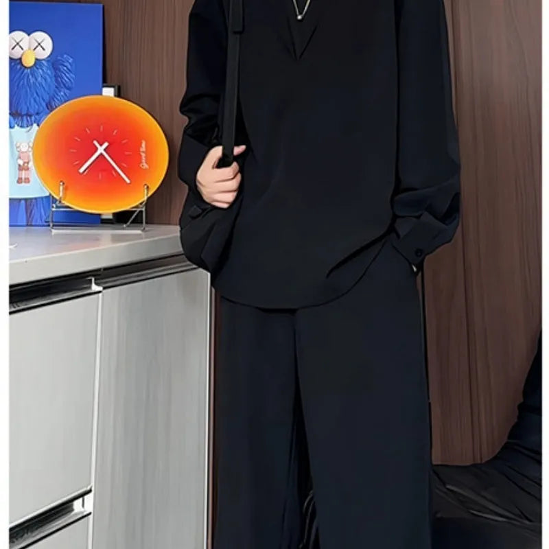 Men's black long sleeve polo shirt and trousers two-piece set in slim fit made from elastic hemp fabric.