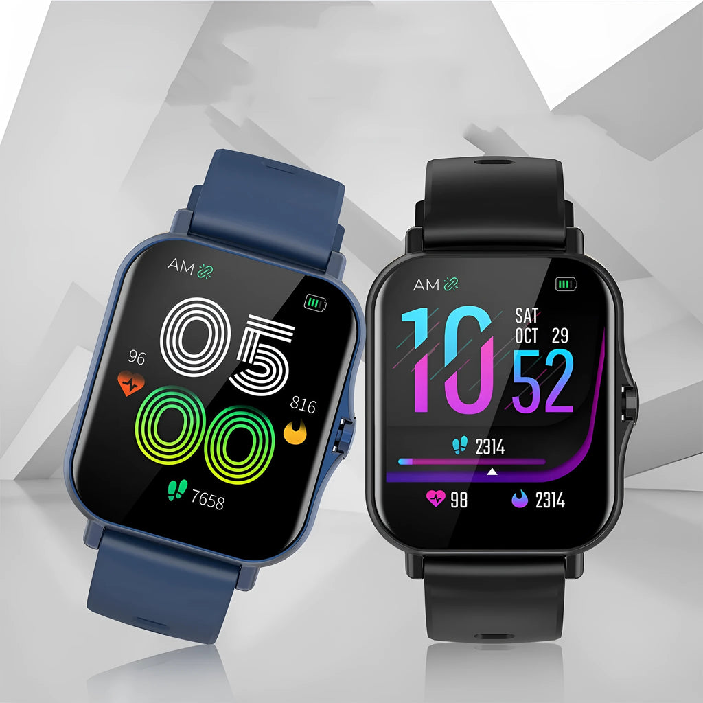 A black Bluetooth smart watch with a curved touch screen displaying a heart rate reading on the wrist.