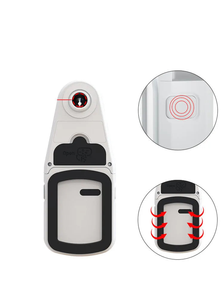Red laser level with dust collection bracket, showing compact dimensions and built-in rechargeable battery.