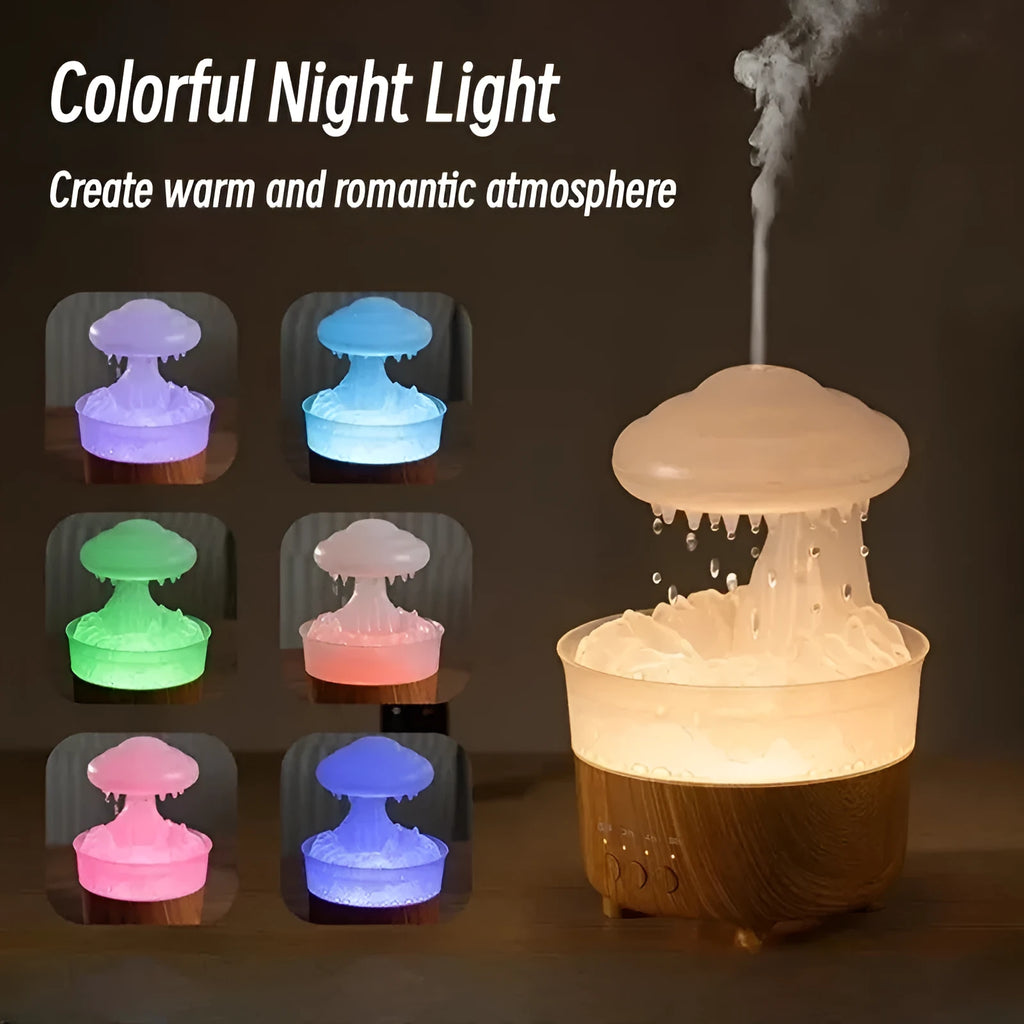 Wood grain white rain cloud humidifier diffuser with glowing LED light and water droplets.