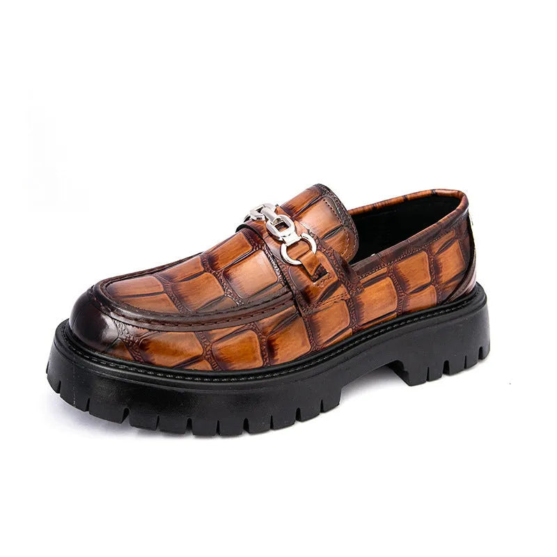 Men's crocodile print platform loafers in black, brown and yellow colours showing textured leather and flat heel design