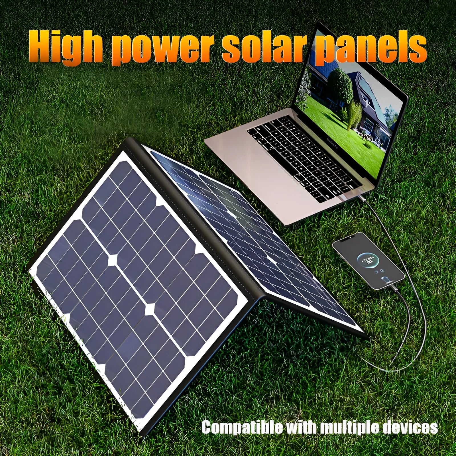 Black folding solar panel bag showing compact 425mm by 285mm size and unfolded solar cells.