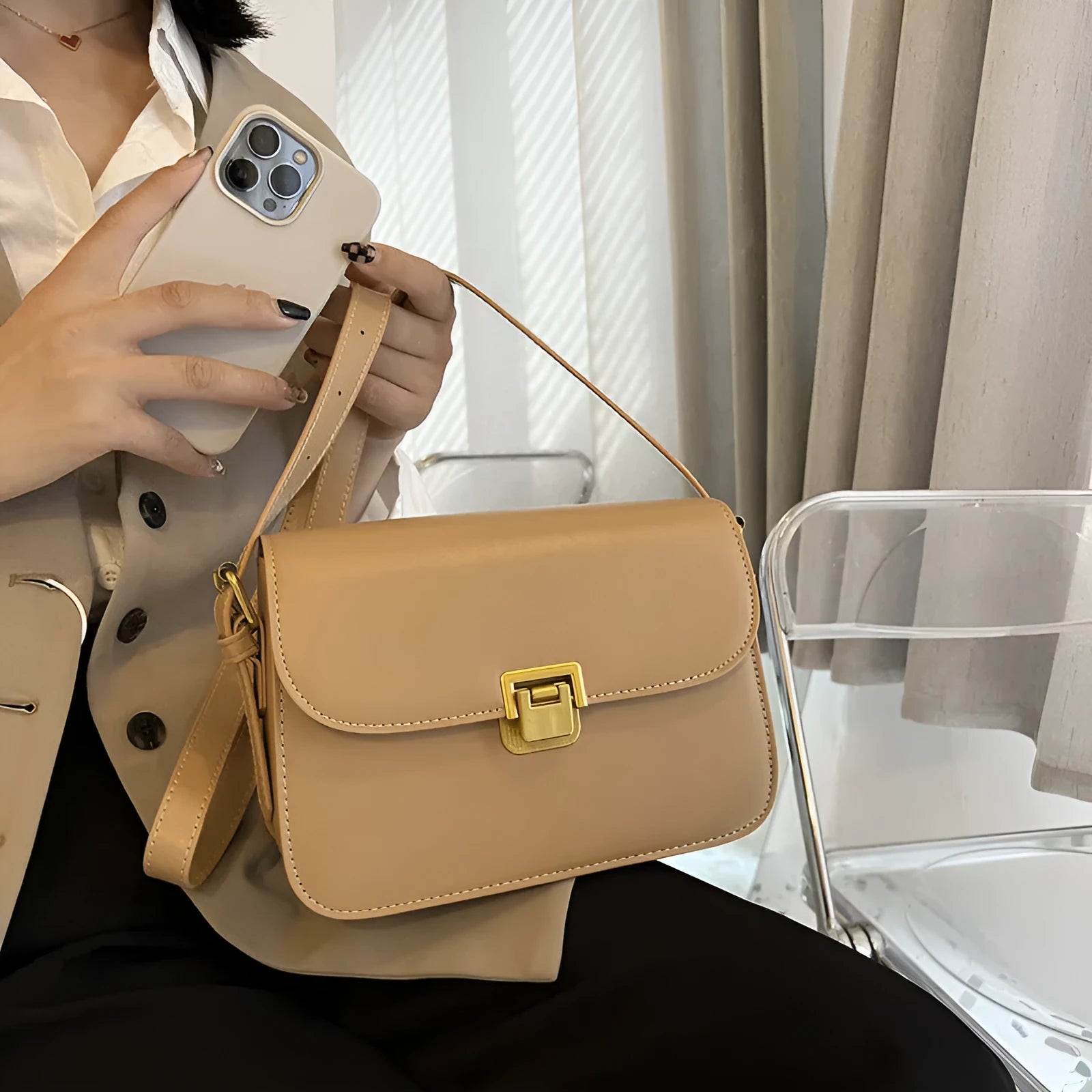 Women's soft PU crossbody bag in horizontal square shape with one-shoulder strap