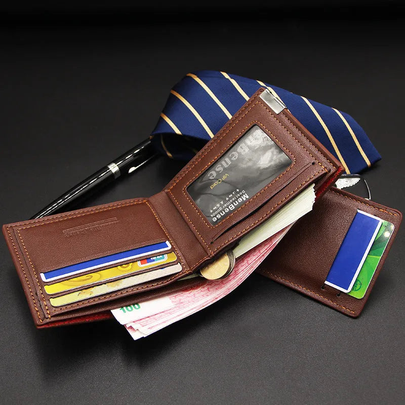 Men's short wallet with iron-edge card-picking in black, dark coffee or light coffee PU material