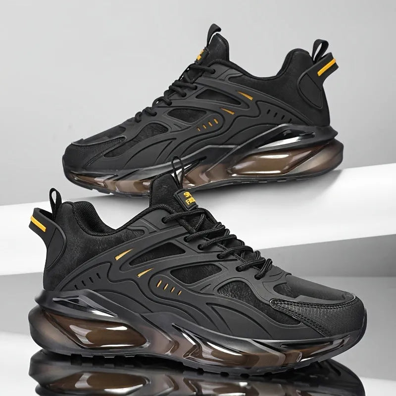 Men's black and grey canvas sports sneakers with shock absorbing soles in multiple sizes