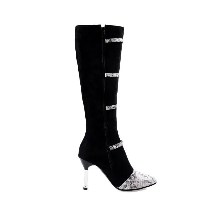 Women's grey knee high boots with thin stiletto heel and velvet lining
