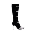 Women's grey knee high boots with thin stiletto heel and velvet lining