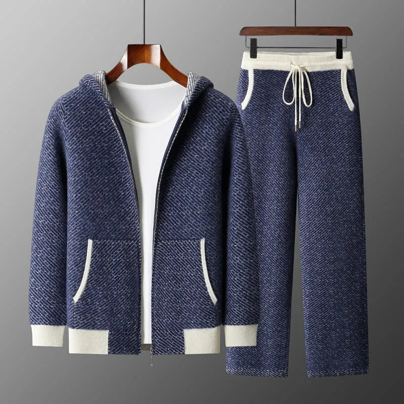 Men's hooded sweater cardigan set with long sleeve top and matching trousers in black, blue, and camel