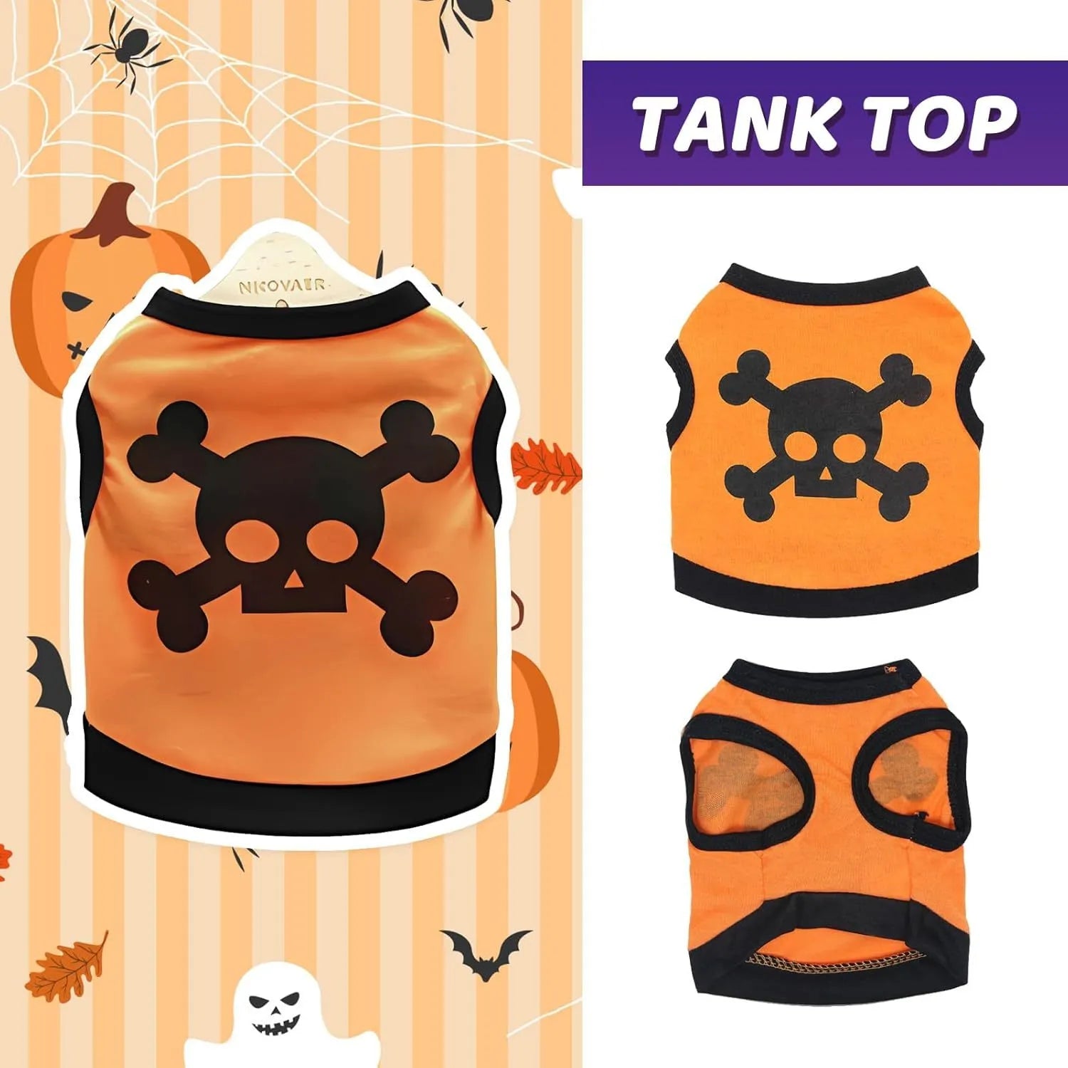 Blue Halloween dog vest with skull bones pattern on a small dog