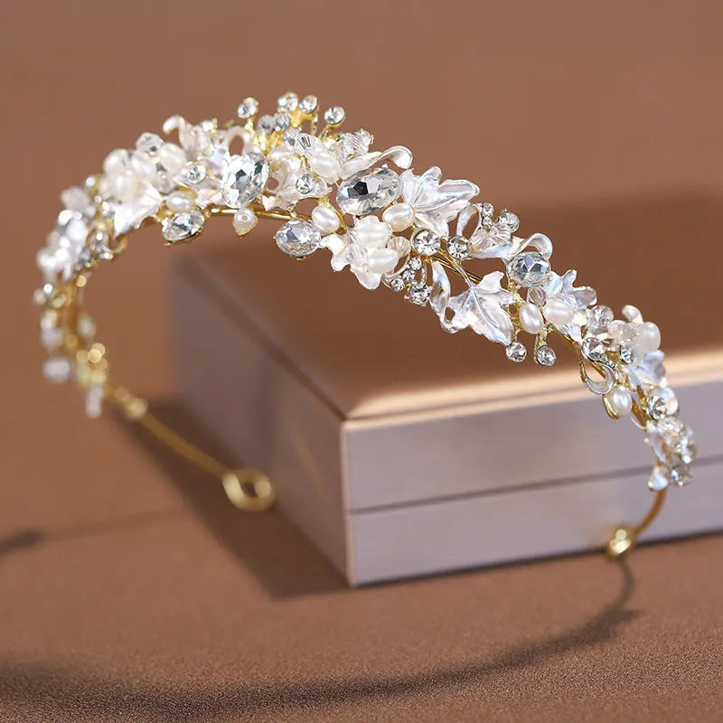 Gold or silver electroplated alloy pearl crown headdress for women's formal hair accessories