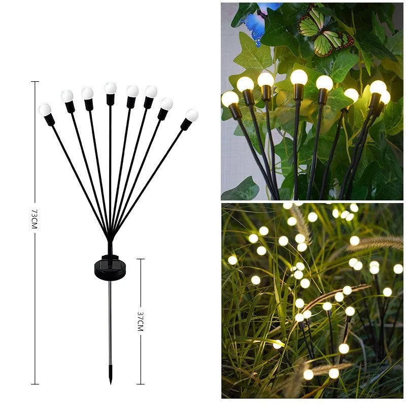 Solar-powered LED garden stake light with automatic sensor, shown pushed into soil beside plants.