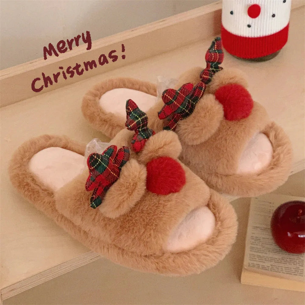 Women's brown suede slippers with cartoon fawn pattern, flip-flop style with PVC sole