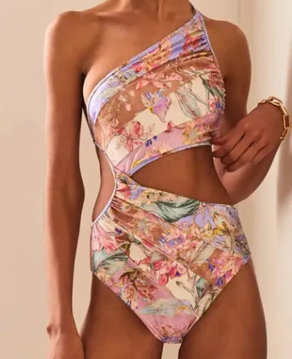 Women's patterned rose gold one-piece swimsuit with summer swimwear design