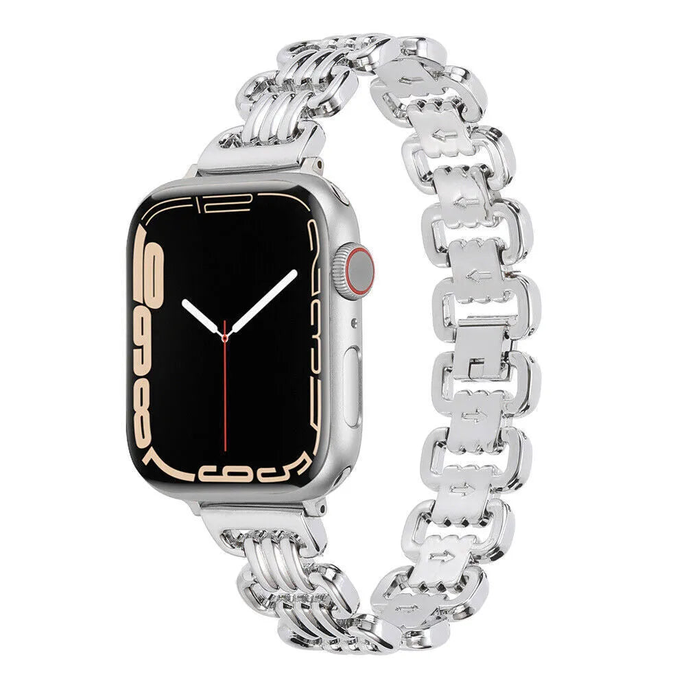 Silver alloy metal bracelet strap for Apple Watch on a grey background.