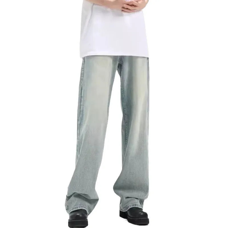 Blue retro loose casual trousers made from rabbit fur fabric with high elasticity