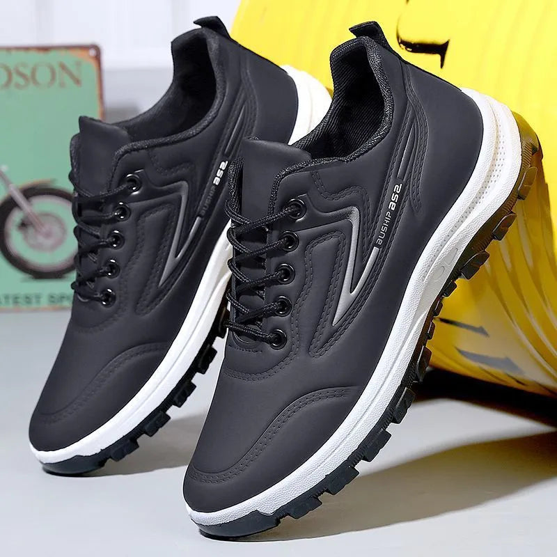 Waterproof leisure sports shoes with artificial PU upper and soft sole in black and grey colour