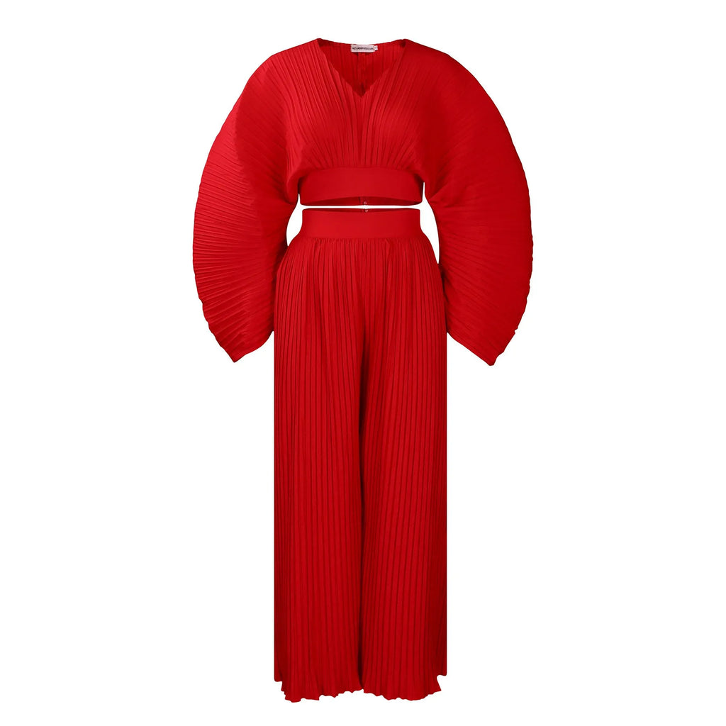 African suit two-piece set with batwing sleeve top and wide leg trousers in red or sapphire blue