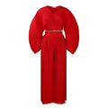 African suit two-piece set with batwing sleeve top and wide leg trousers in red or sapphire blue