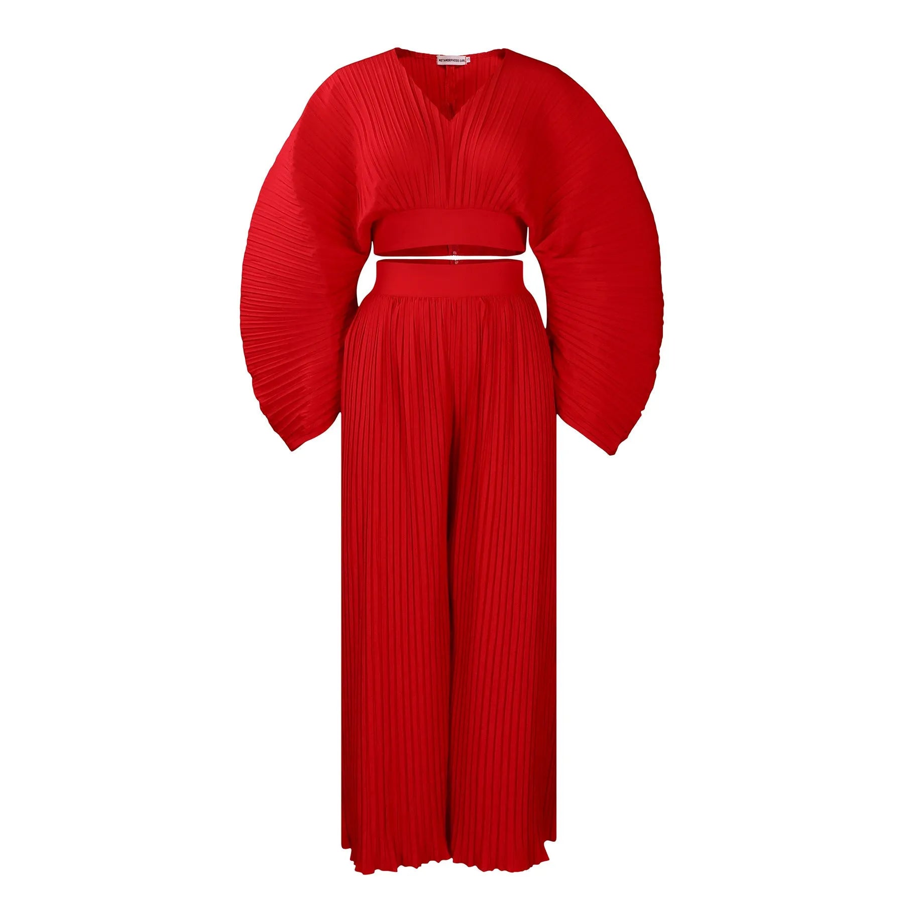 African suit two-piece set with batwing sleeve top and wide leg trousers in red or sapphire blue