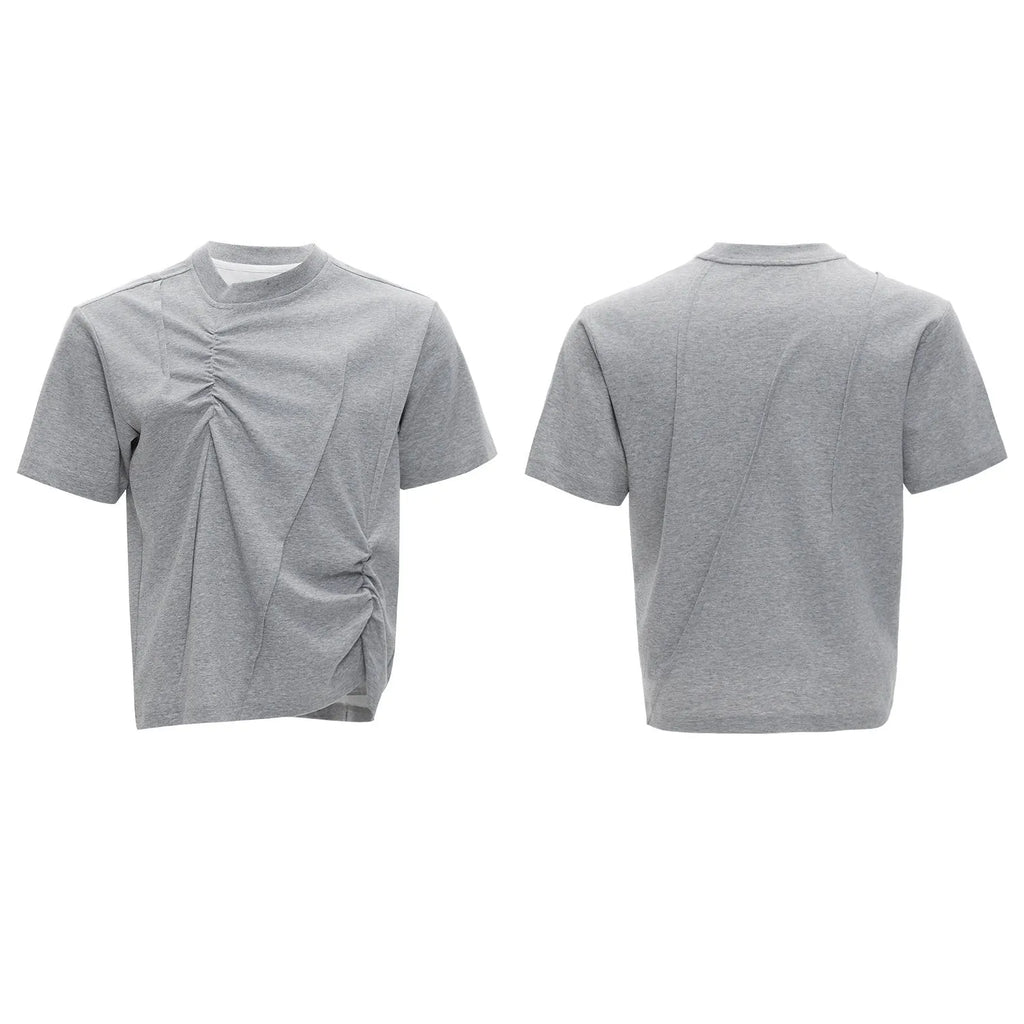 Men's loose fit cotton T-shirt with pleated detail and round neck in grey.