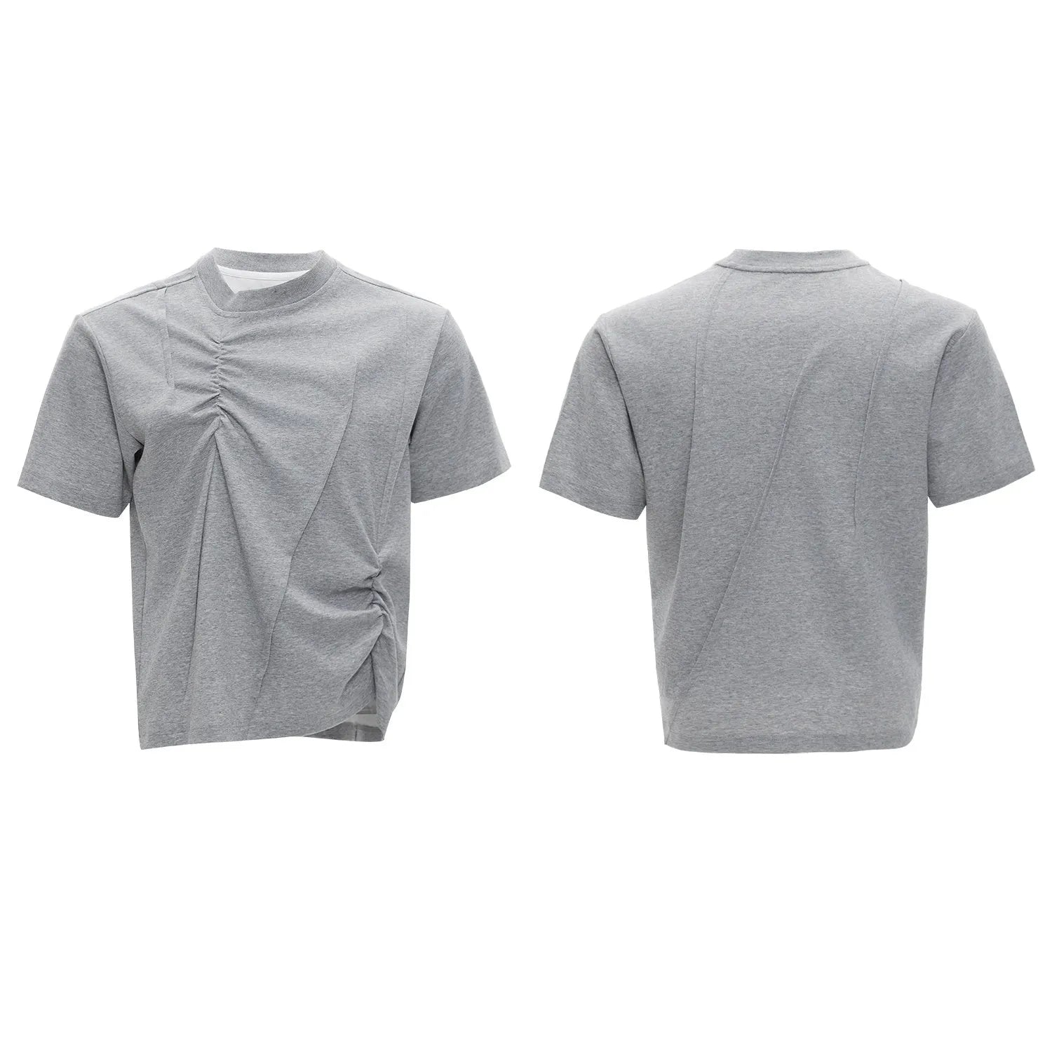 Men's loose fit cotton T-shirt with pleated detail and round neck in grey.