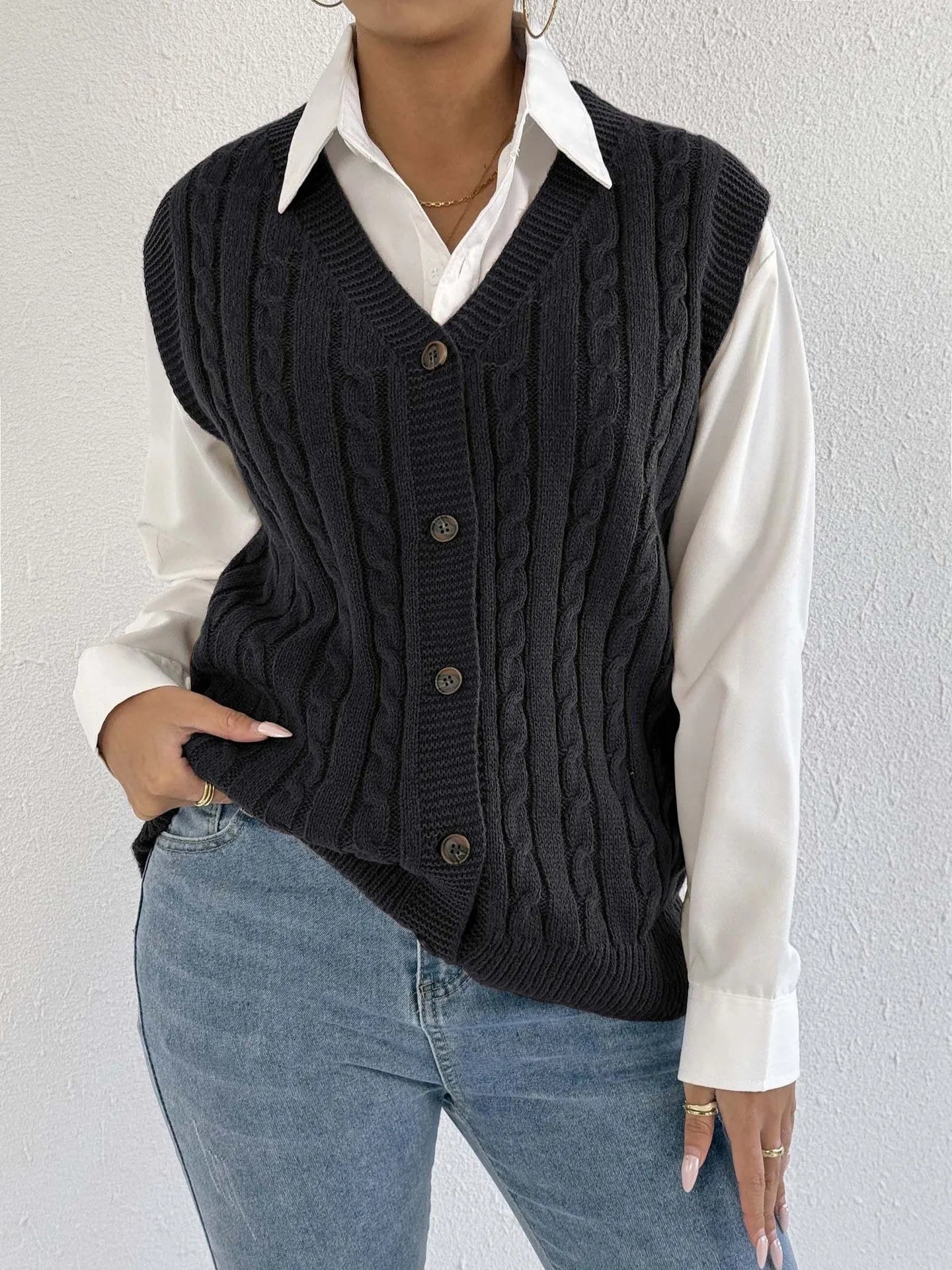 European American leisure outer twist woven vest solid colour deer plush polyester free size coffee