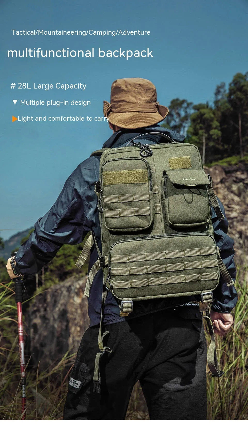 Army green waterproof tactical backpack with 17-inch frame and 20-35 litre capacity.