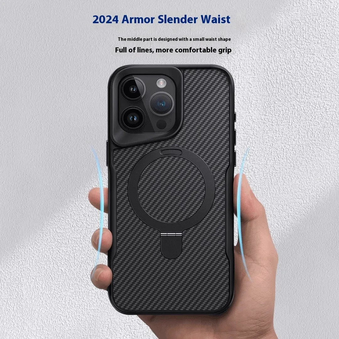 Carbon fiber magnetic bracket phone case for iPhone 16 Pro Max in black with frosted finish and built-in stand