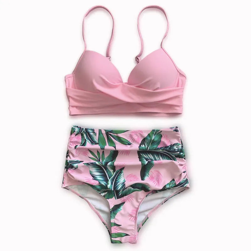 Women's steel bracket push-up bikini set with high-waist floral printed briefs in various colours