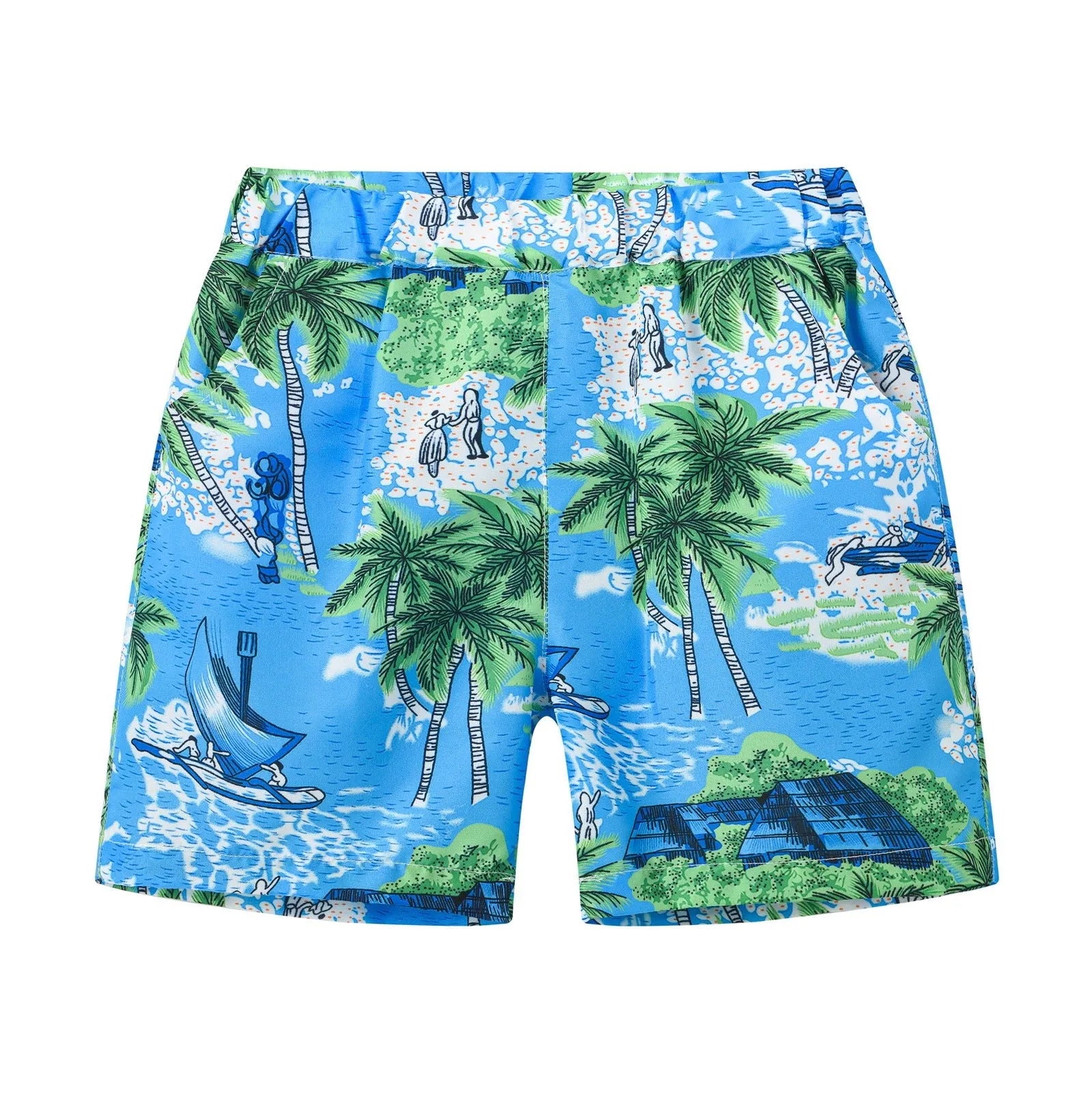Printed beach shorts with elastic waistband in multiple colour patterns including coconut trees and pineapple design