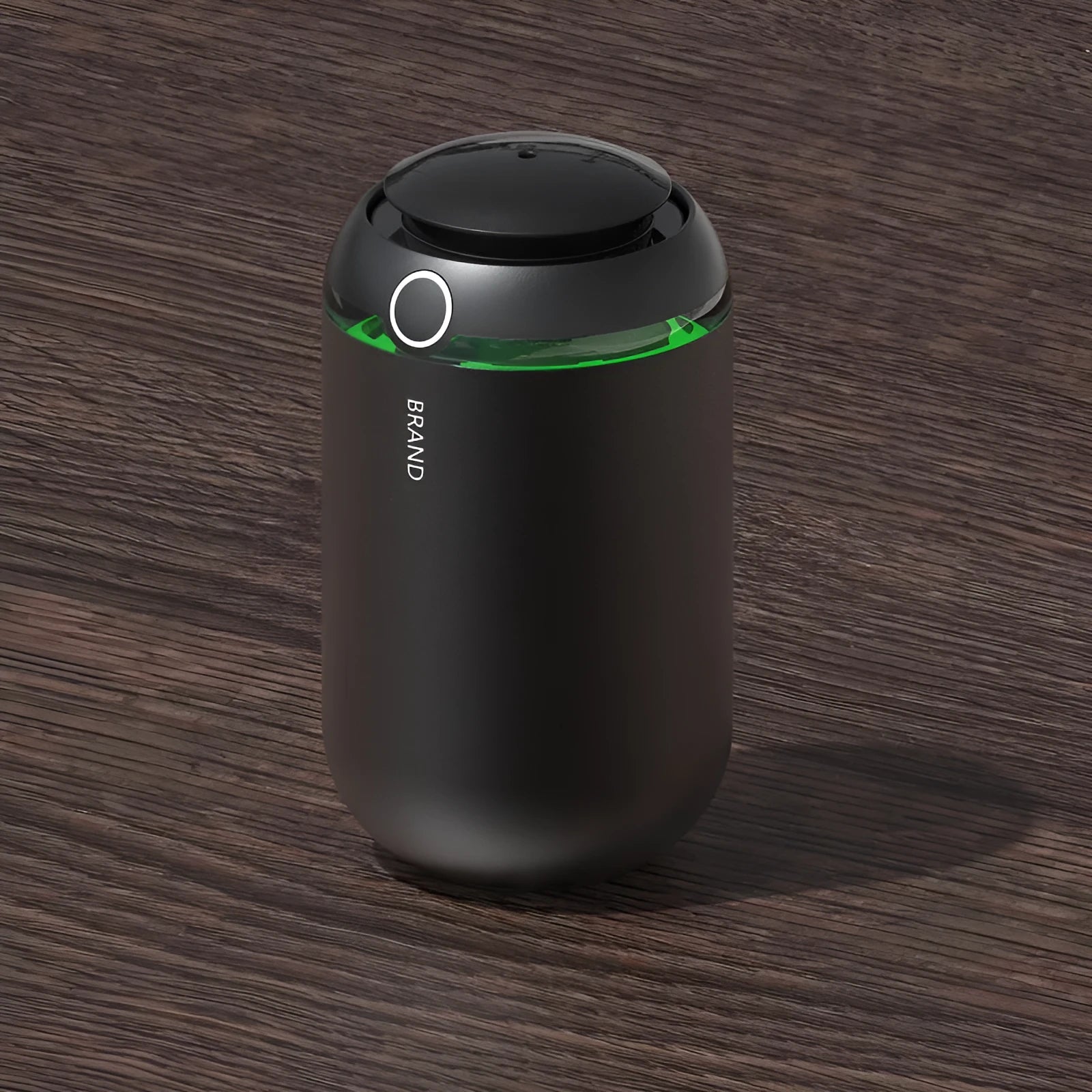 USB car aroma diffuser with wooden grain finish, 2000mAh battery, and 10ml oil bottle