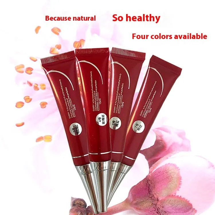 Vermilion waterproof lip gloss in five colour shades: pink, orange red, bright rose red, rose red, and seashell