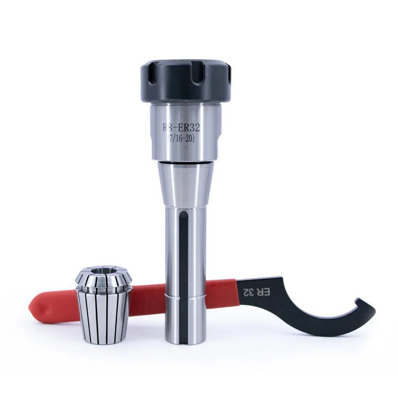 R8-ER32 collet tool set 17-piece with 65Mn steel holder, ER32 collets and wrench on workbench