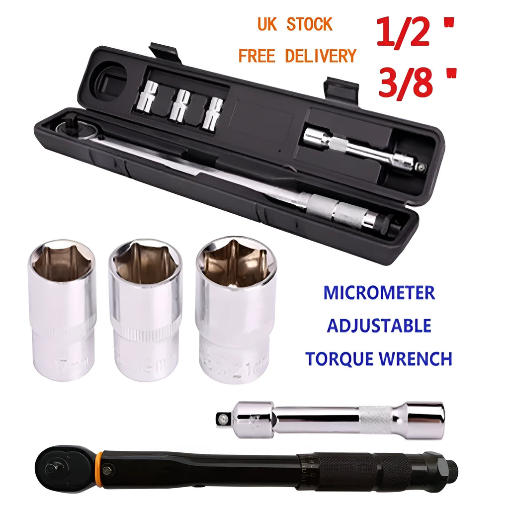 Five-piece preset torque wrench set with sockets and extension rod in plastic case