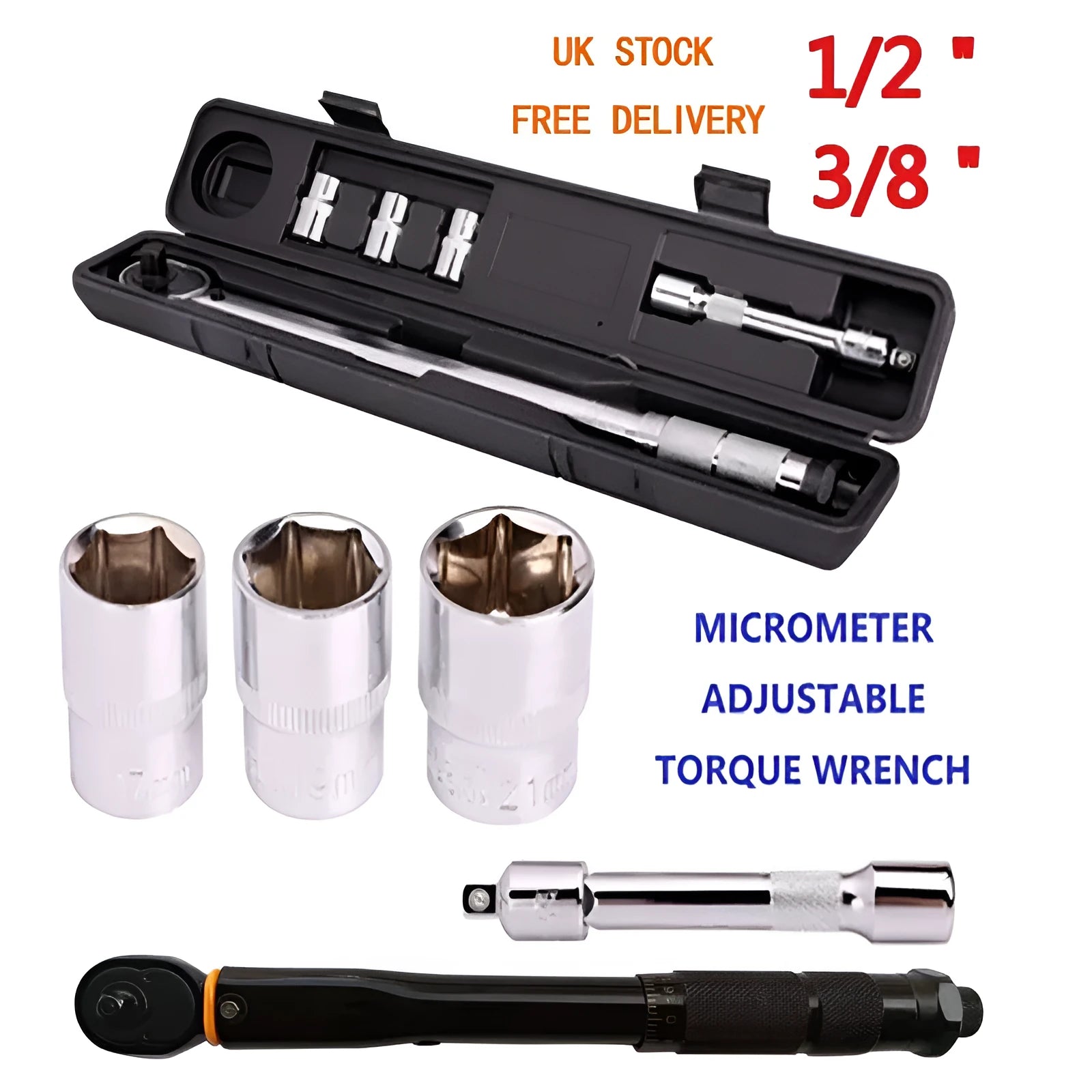 Five-piece preset torque wrench set with sockets and extension rod in plastic case