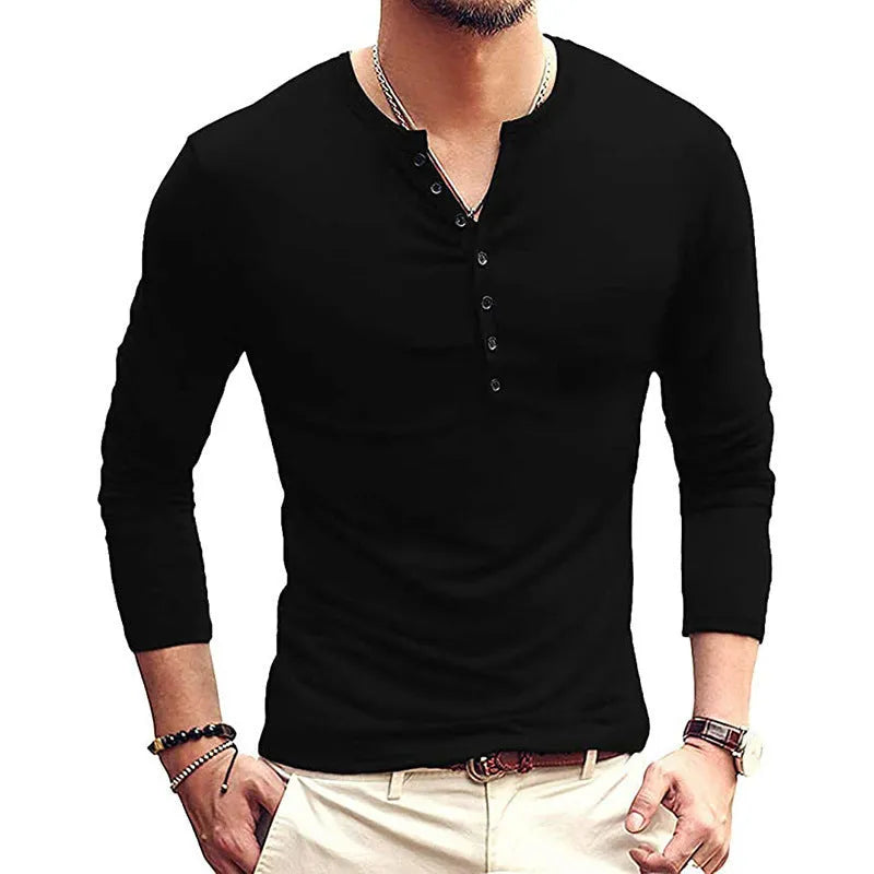 Men's solid colour cotton long sleeve T-shirt with Henry collar in blue