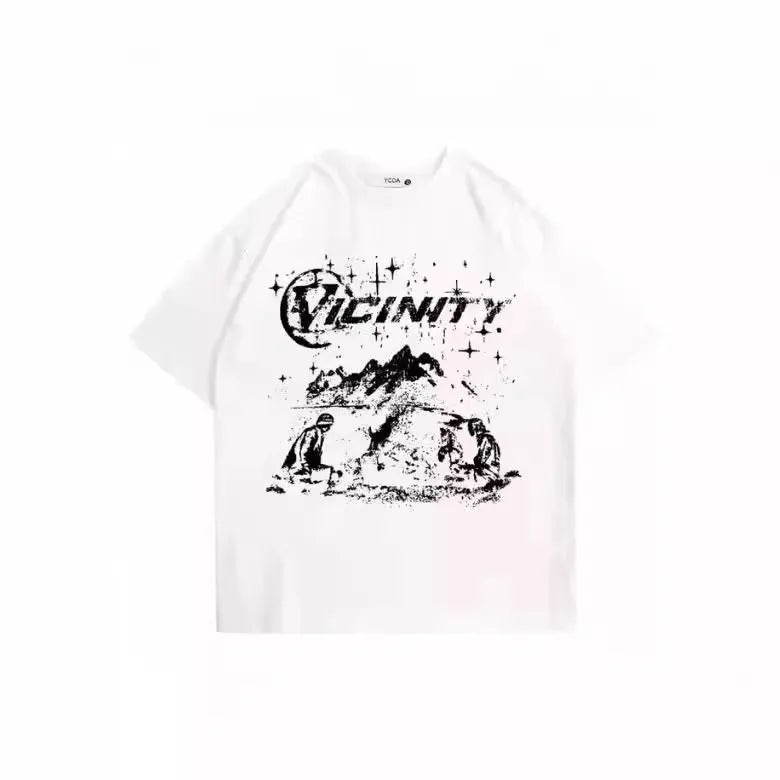 Men's grey hip hop graphic print t-shirt on a hanger, showing retro design on polyester fabric.